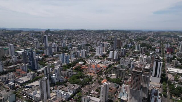 aerial takes of the center of chapec&oacute; santa catarina, passing by the cathedral santo antonio