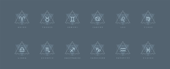 Set of astrological zodiac sign. Horoscope icons in boho minimalist style. Mystic vector illustration. Spiritual tarot card. Hand drawn magic vintage logos. © KeronnArt