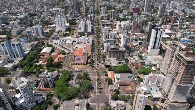 aerial takes of the center of chapec&oacute; santa catarina, passing by the cathedral santo antonio
