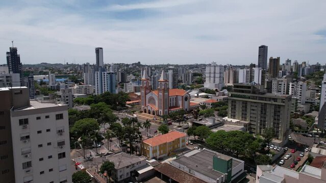 aerial takes of the center of chapec&oacute; santa catarina, passing by the cathedral santo antonio