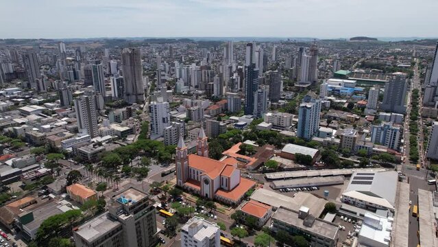 aerial takes of the center of chapec&oacute; santa catarina, passing by the cathedral santo antonio
