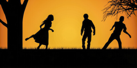 Silhouettes of people playing sport outdoor
