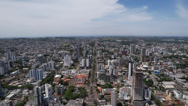 aerial takes of the center of chapec&oacute; santa catarina, passing by the cathedral santo antonio