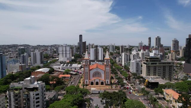aerial takes of the center of chapec&oacute; santa catarina, passing by the cathedral santo antonio