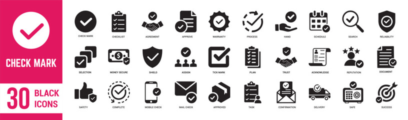 Checkmark solid black icons set. Check, feedback, agrees, confirm, selected, review, checklist, verified, warranty, accept, approved, and quality. Vector illustration - obrazy, fototapety, plakaty