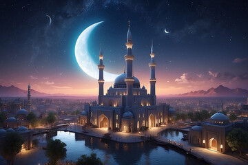 landscape with an illuminated mosque under a crescent moon at twilight.