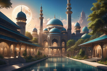 Fantasy oriental palace with domes and towers by a reflective pool during sunset, with a magical atmosphere. - obrazy, fototapety, plakaty