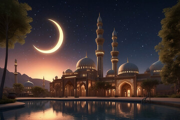 mosque with minarets under a full moon at night, reflecting in a tranquil pool, surrounded by trees.