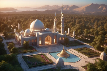Naklejka premium Scenic view of a majestic mosque with minarets and a dome, surrounded by lush gardens and mountains in the background at sunset.