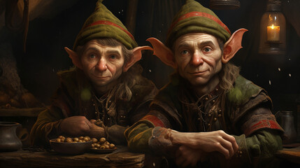 Holiday elf sitting in holiday workshop. 