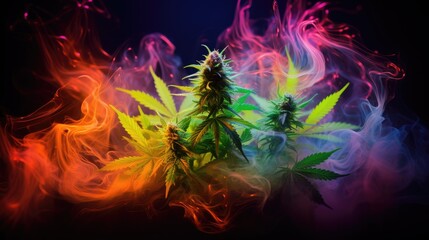 Marijuana plant growing under color lighting. Colored neon large leaves and buds of cannabis hemp. Generative AI