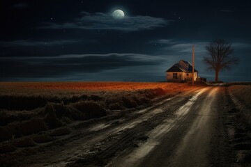 Fototapeta premium Lonely road in the country illuminated by a bright full moon at midnight