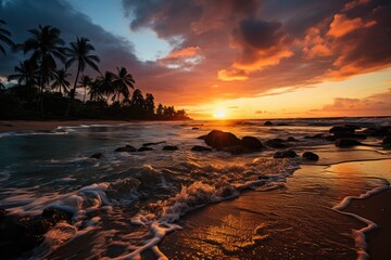 Sunset on the beach. Tropical paradise, sand, beach, palm trees and clear water.