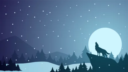 Fotobehang Wildlife wolf landscape vector illustration. Scenery of wolf howling silhouette in the pine forest. Wolf wildlife panorama for illustration, background or wallpaper © Moleng