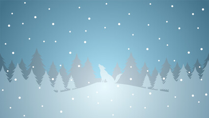 Fototapeta na wymiar Winter season silhouette landscape vector illustration. Scenery of wolf silhouette in the snow hill. Cold season panorama for illustration, background or wallpaper