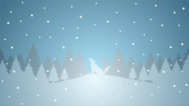Winter season silhouette landscape vector illustration. Scenery of wolf silhouette in the snow hill. Cold season panorama for illustration, background or wallpaper © Moleng