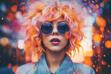 A Stylish Woman with Pink Hair Wearing Round Sunglasses and a Denim Shirt. A woman wearing sunglasses and a denim shirt