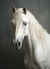 The head of a white horse in close-up. Generated by AI.