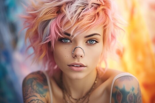 A Woman with Pink, Purple and Orange Hair and Nose Piercings. A woman with pink hair and piercings in her nose and tattoos on her arms