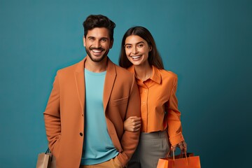 A young couple is standing with shopping bags on a blue background and smiling happily. Generated by AI. - obrazy, fototapety, plakaty