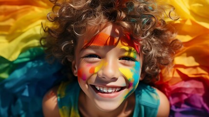 Fototapeta na wymiar A child's face painted in rainbow hues 