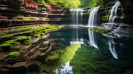 Fototapeta na wymiar A flowing waterfall reflecting rainbow-like colors 
