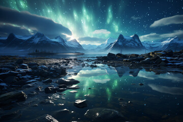 Naklejka premium northern lights in the sky, polar cold landscape.