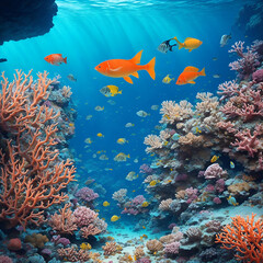 Fototapeta na wymiar coral reef with fishes of gold colour under sea