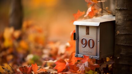 vintage mailbox laden with letters and autumn leaves on wooden background - world post day concept, october 9 holiday symbol