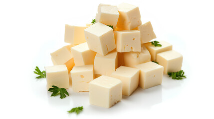 Chinese tofu cheese cut into cubes on a white background.