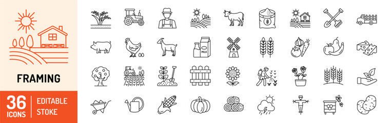 Farming editable stroke outline Icons set. Farming, agriculture, mill, harvesting, vegetables, wheat, milk and egg. Vector illustration © VSK Graphics