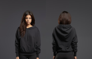 Front and back view of a female black hoodie mockup for design print