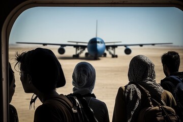 Crowd of people near the plane. Illegal and legal immigration and emigration concept. Global migration. Emigrants and refugees.  - obrazy, fototapety, plakaty