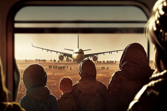 Crowd of people near the plane. Illegal and legal immigration and emigration concept. Global migration. Emigrants and refugees. 