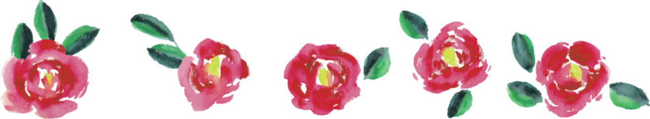 水彩画。水彩タッチの椿ベクターイラスト。椿のイラストセット。Watercolor painting. Camellia vector illustration with watercolor touch. Camellia illustration set.