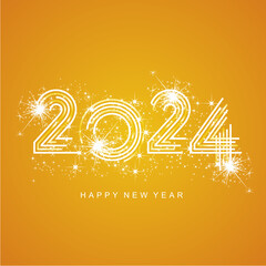 2024 New Year abstract white orange yellow multiply line design of 2024 year numbers shining glitter sparkle firework orange background greeting card