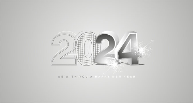 We wish you a happy new year 2024. Architecture construction from line drawing to 3d model numbers of 2024 with sparkle firework on silver grey board background