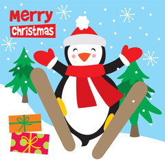Cute Penguin with Christmas Tree and Gifts