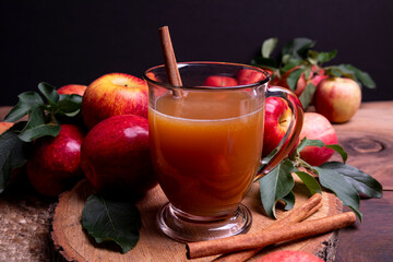 Autumn warm drink. Apple cider in glass cup on wood background with