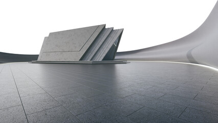 Abstract architecture design of modern building. Empty parking area concrete floor with blue sky. 3D rendering background image for car scene.