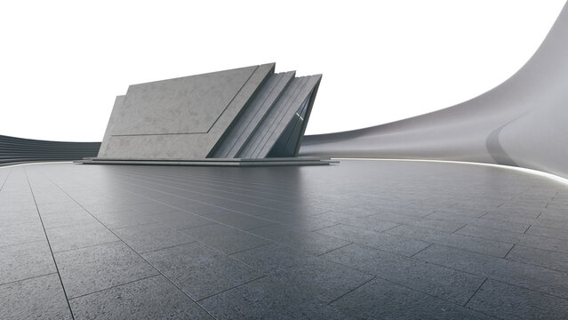 Abstract architecture design of modern building. Empty parking area concrete floor with blue sky. 3D rendering background image for car scene.