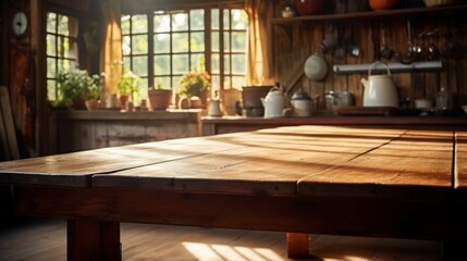 Empty wooden table with kitchen in background, copy space, 16:9