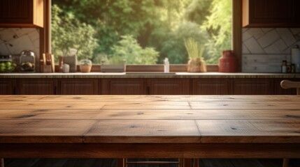 Empty wooden table with kitchen in background, copy space, 16:9