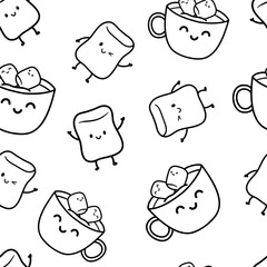 Seamless vector pattern with cute marshmallow. Marshmallows float in cup of cocoa, coffee or hot chocolate. Kawaii sweets with legs and hands in line style.