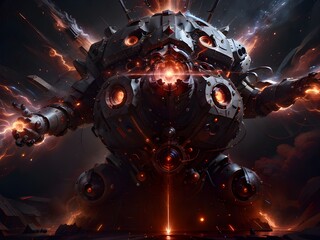 Futuristic battle cyborg with glowing smoke and fire. Generative AI