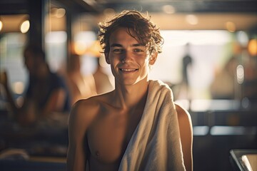 Refreshed young man using a bath towel after a shower, 