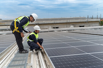 Technology solar cell, Engineers walking on roof inspect and check solar cell panel, service check...