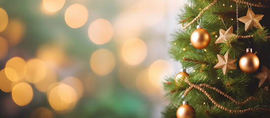 Christmas tree with baubles and sparkling lights on bokeh background