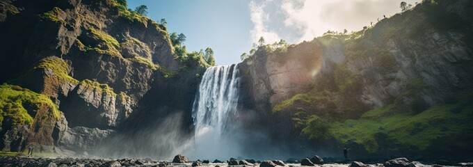 A majestic waterfall cascading down a rocky cliff.. 