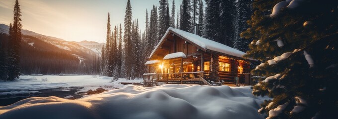 Fototapeta na wymiar Winter Retreat: A Cozy Cabin in a Snowy Forest